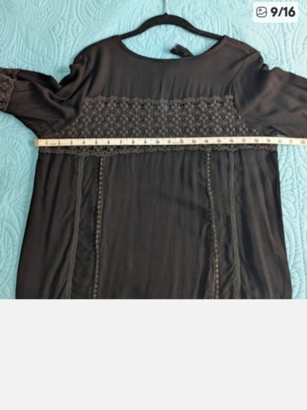 Black Peasant Blouse Crochet- Lacy Yoke and Bell Sleeves Size Small Tunic Top - Picture 8 of 9